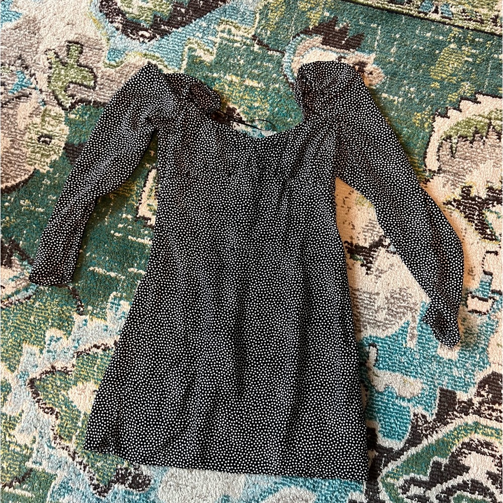 ZARA POLKA DOT BLACK AND WHITE OFF SHOULDER MINI DRESS